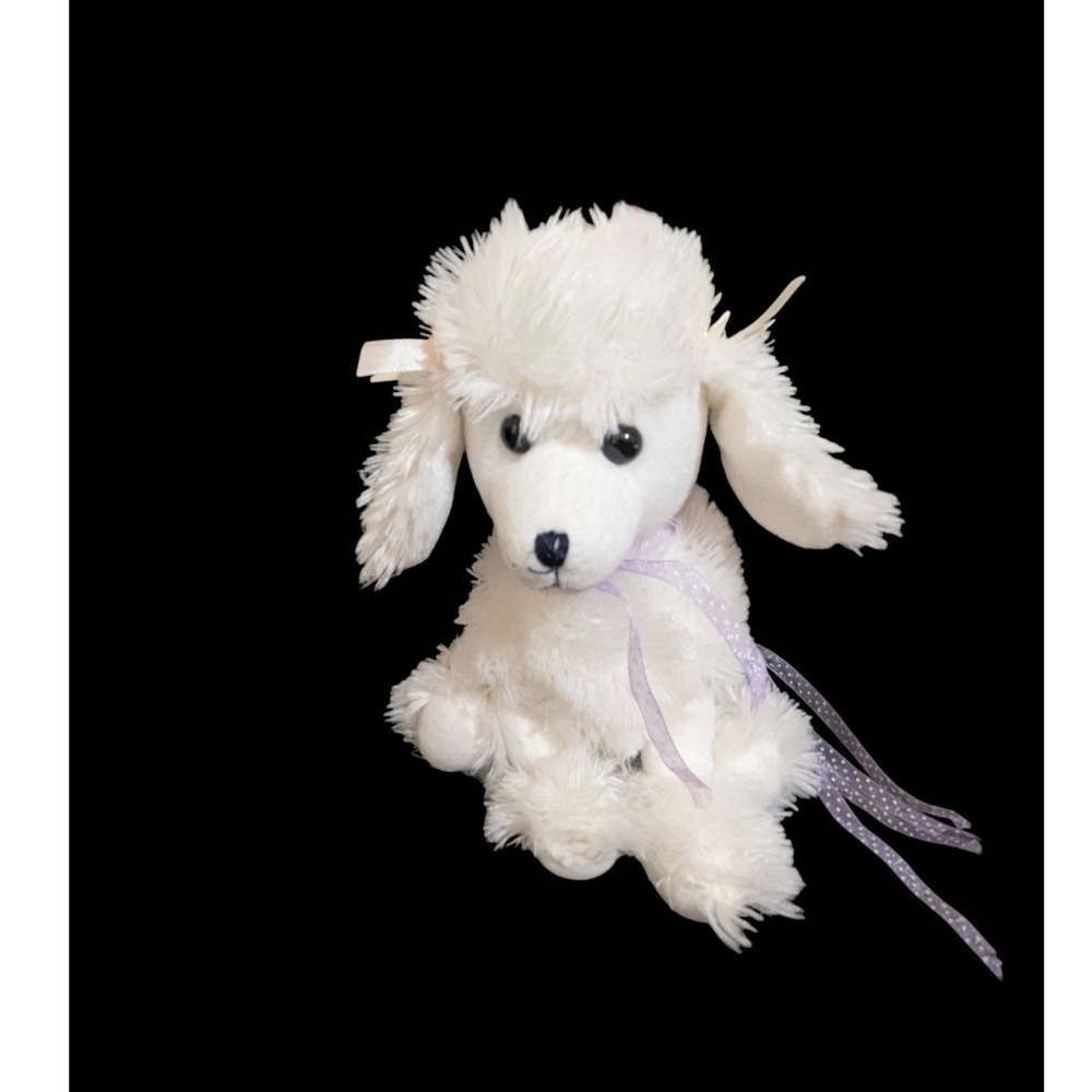Goffa White Poodle Plush Stuffed Animal Shaggy Dog Purple Ribbon 9 Inch